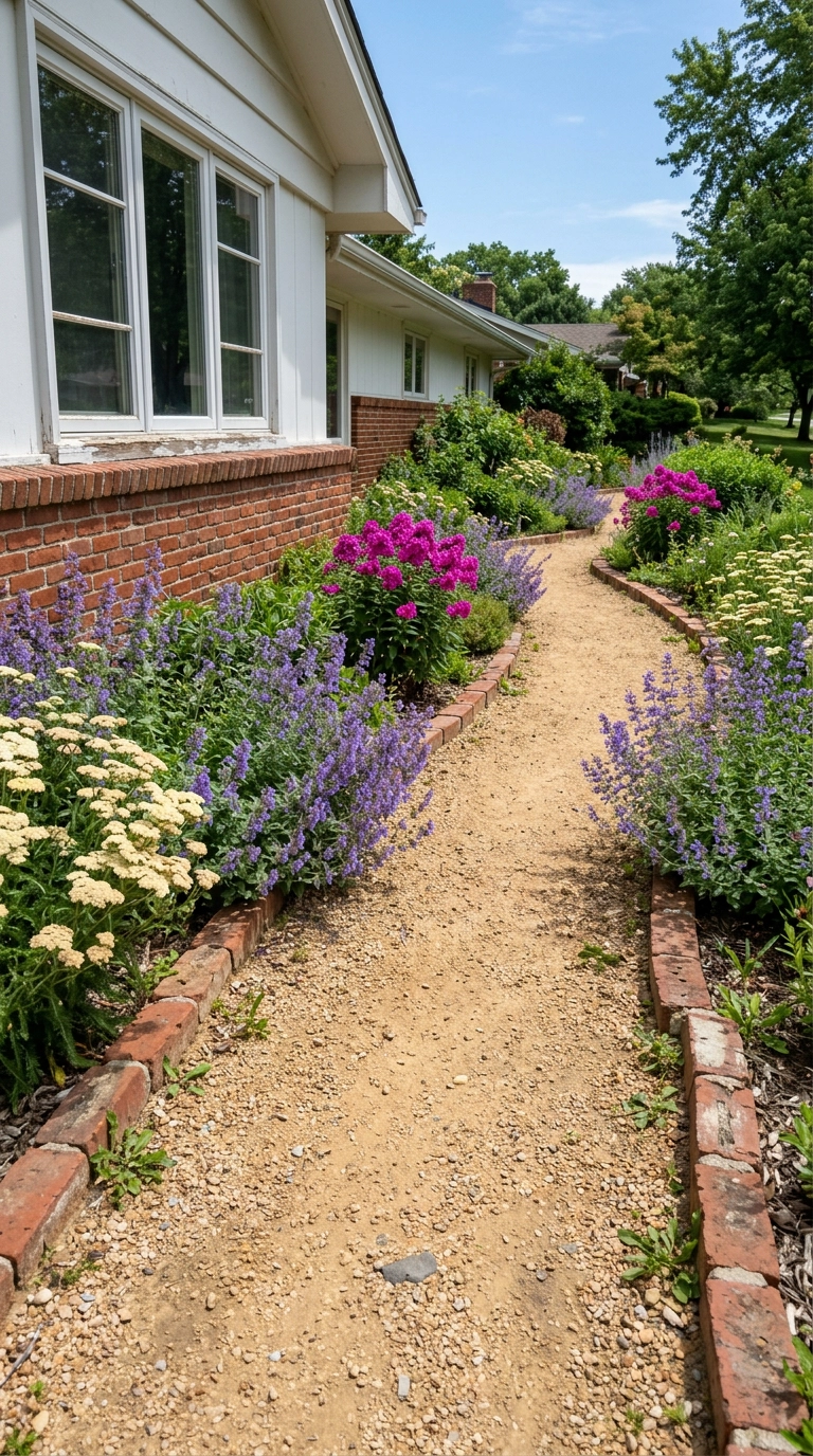 Buff gravel English garden path with red brick edging curving between perennial beds at midday