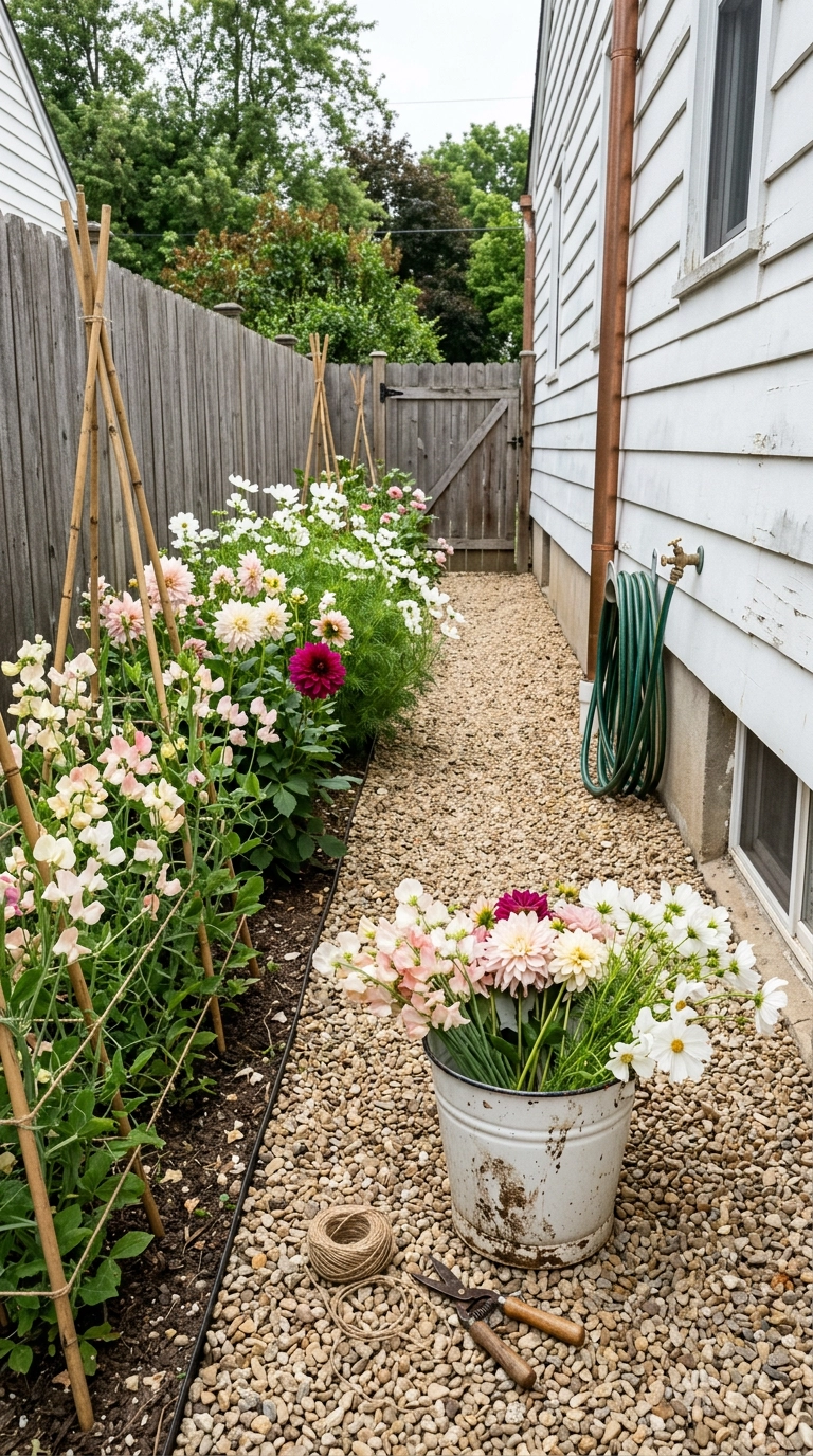Rows of sweet peas and dahlias in a gravel side-yard English garden cutting patch
