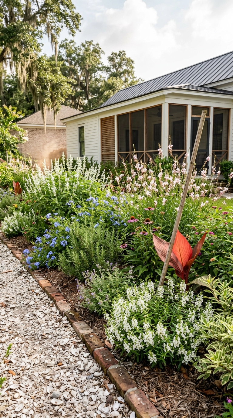 Heat-tolerant English garden border with salvia and gaura along a crushed shell path in the South