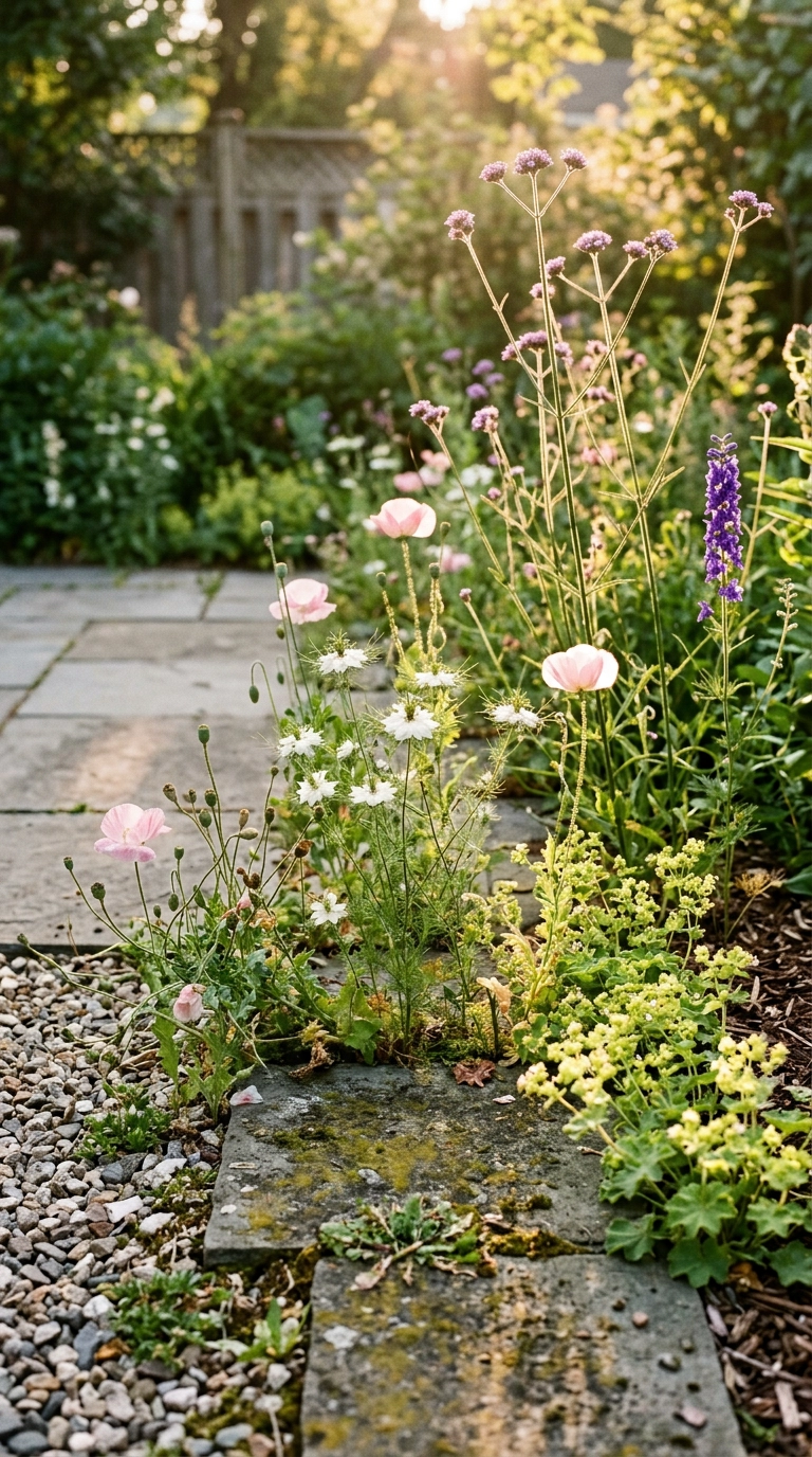Self-seeded nigella and poppies threading through bluestone paving joints in an English garden