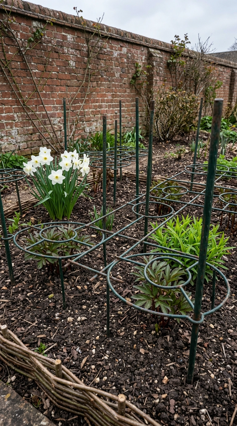 Metal grow-through plant supports set over emerging perennials in a spring English garden bed
