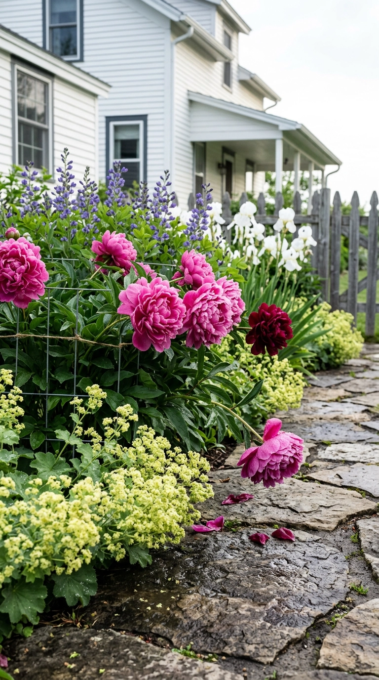 Pink peonies and baptisia in an English garden border beside a white clapboard farmhouse