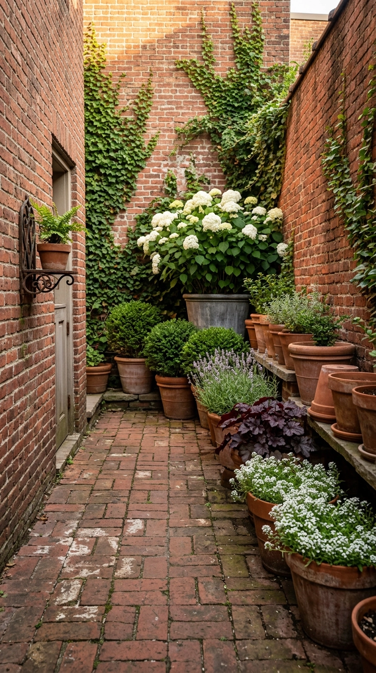 Tiered terracotta pots with hydrangea and boxwood in a brick English garden courtyard