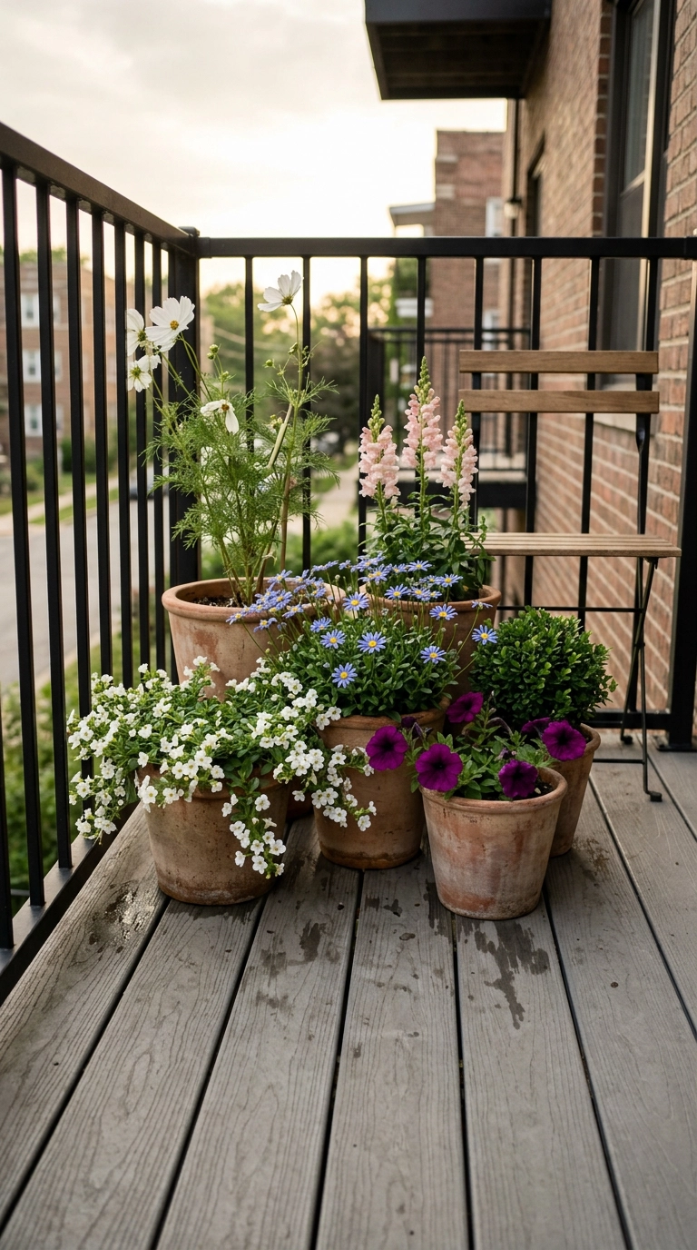 Grouped pots with cosmos, snapdragons and a boxwood ball on a small rented apartment balcony