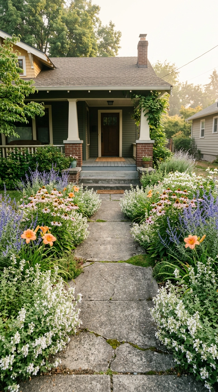 Cottage-style English garden planting flanking the front walk of a 1920s bungalow porch