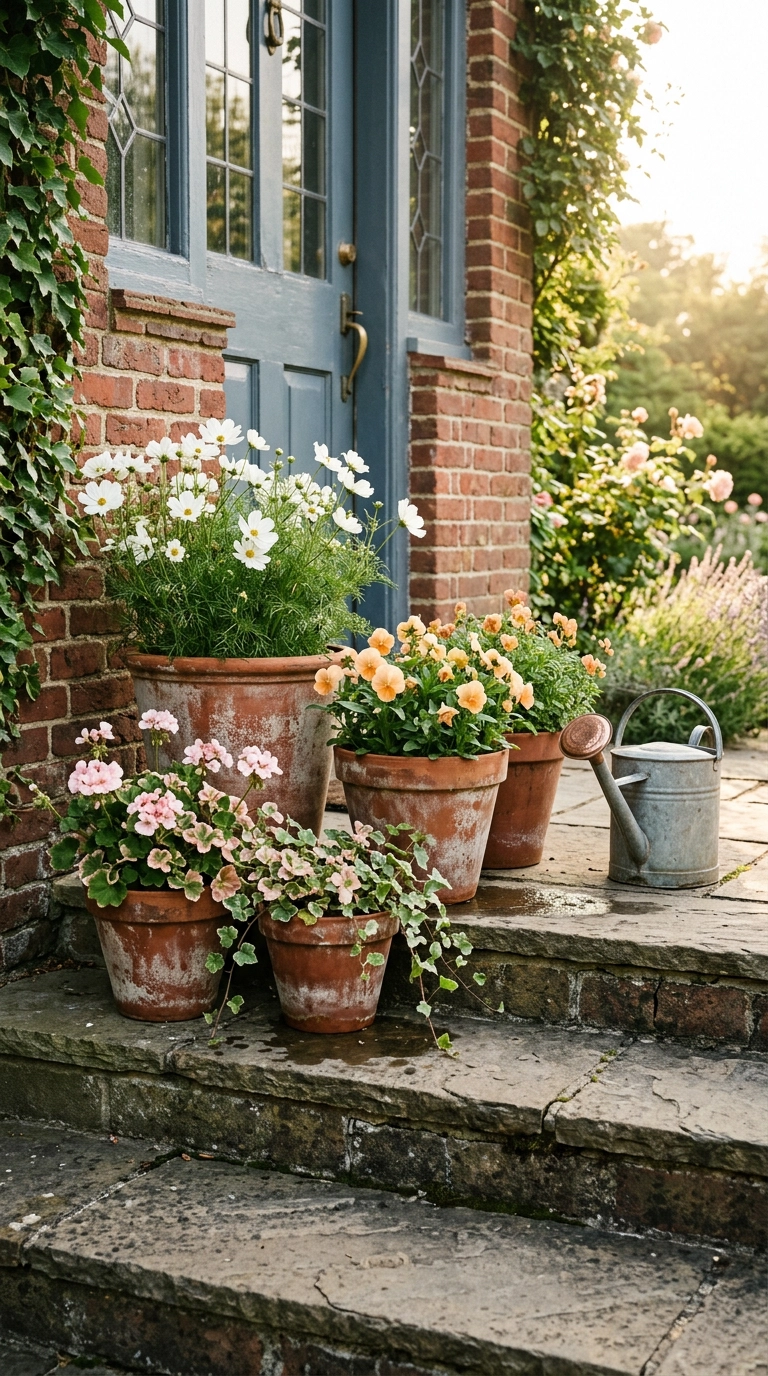 Grouped aged terracotta pots with cosmos and violas on the bluestone steps of a brick colonial