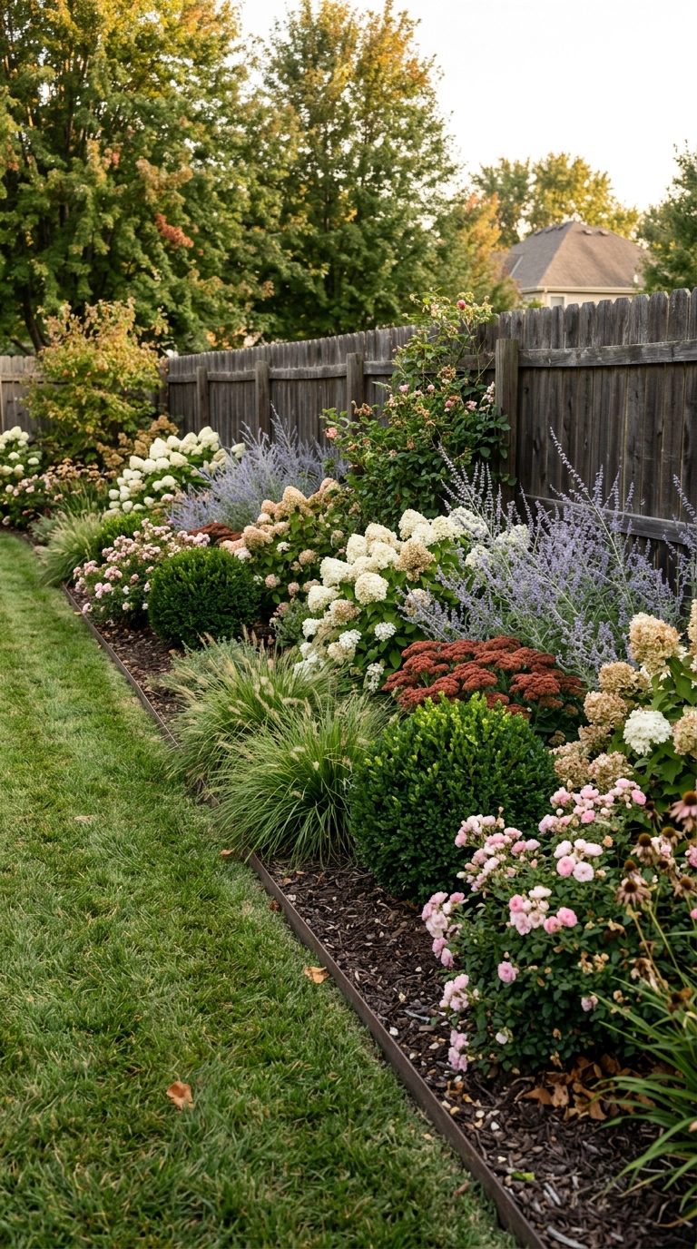 Low-maintenance English garden border of shrub roses, hydrangea and grasses along a backyard fence