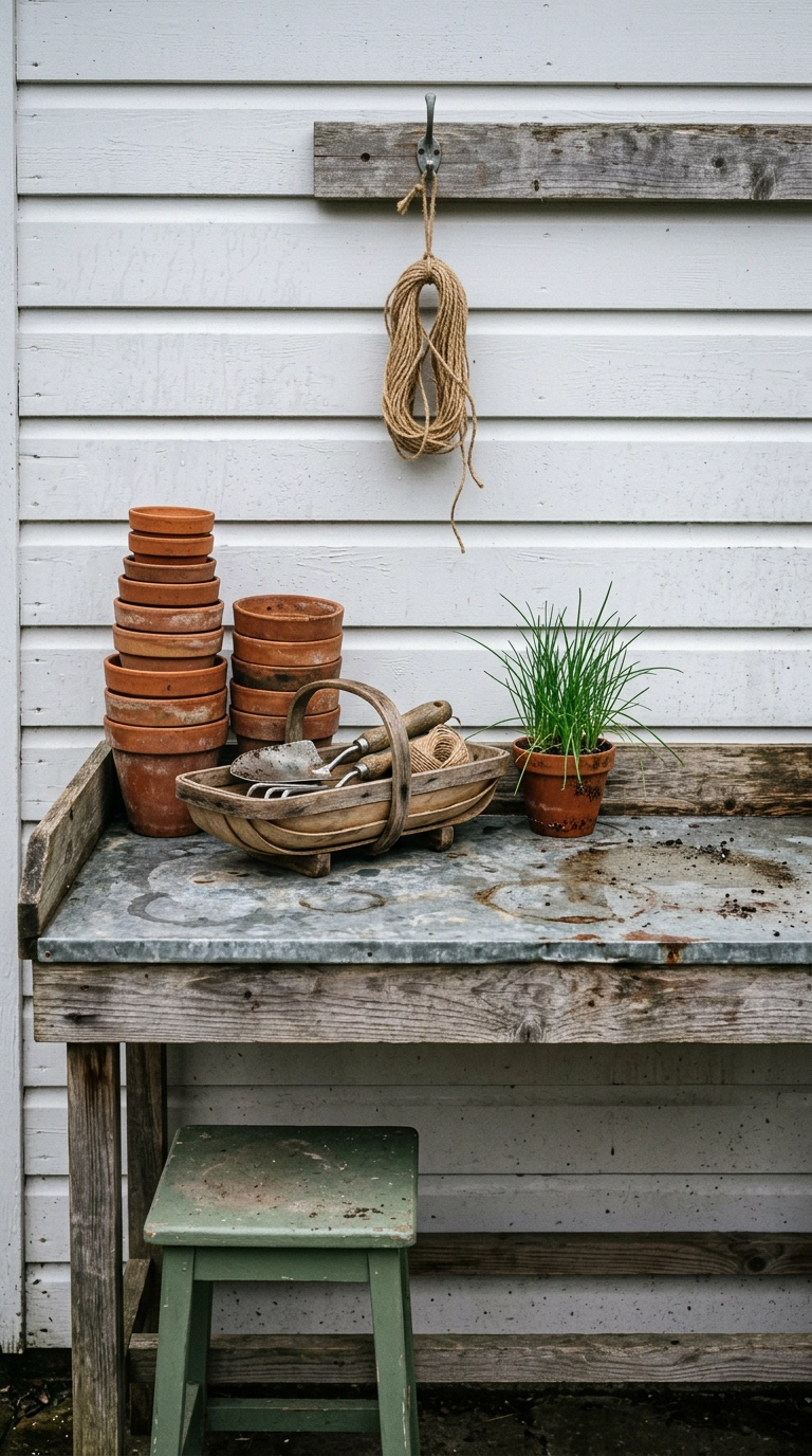 Reclaimed pine potting bench with zinc top and stacked terracotta pots against white siding