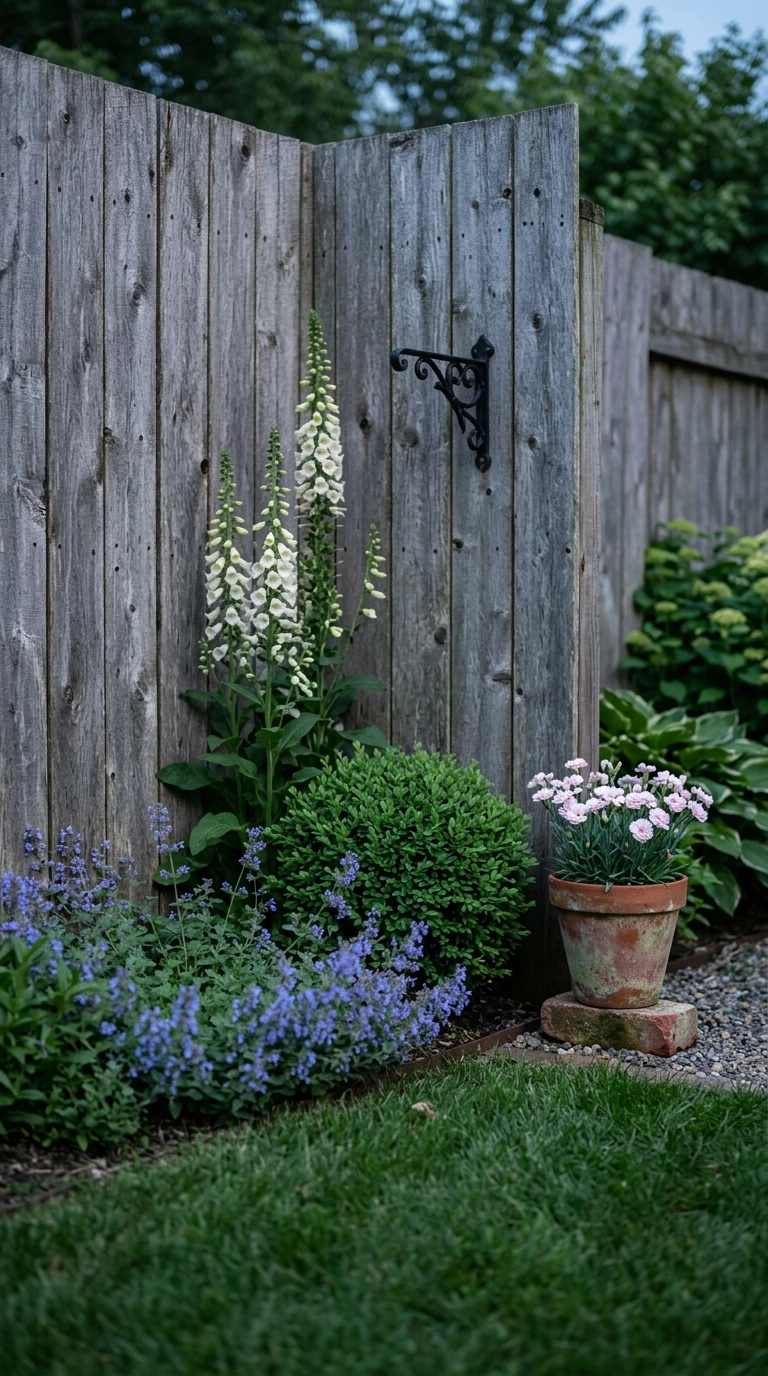 Small English garden corner with boxwood ball, foxglove and catmint where two fences meet