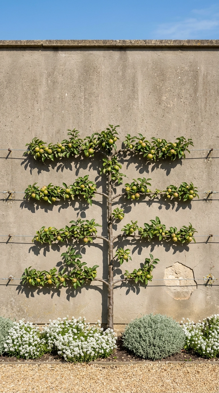 Espaliered apple tree in four horizontal tiers trained against a grey stucco garden wall