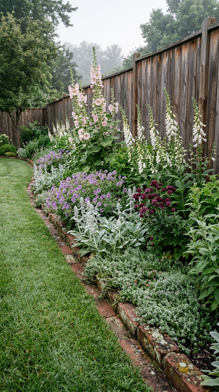 Deep English garden perennial border with pink hollyhocks and silver foliage against a cedar fence at dawn