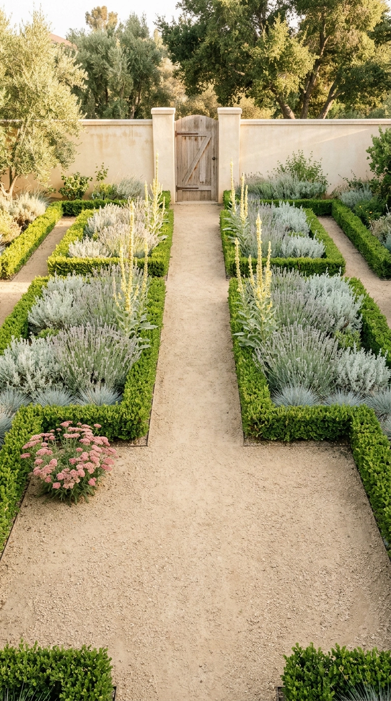Drought-tolerant English garden with lavender, santolina and clipped hedging on decomposed granite