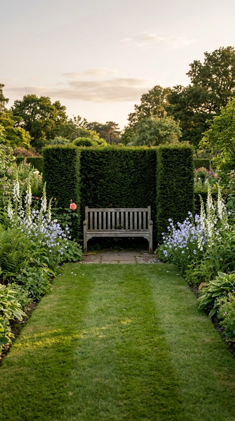 Silvered teak bench in a dark yew hedge recess at the end of a grass path in an English garden