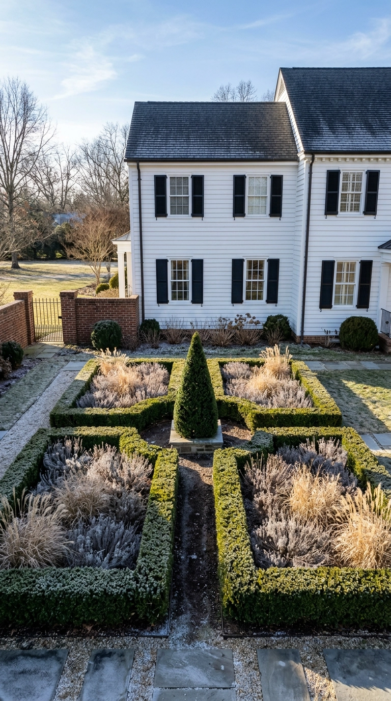 Clipped boxwood parterre with a yew cone framing loose planting beside a white colonial revival home