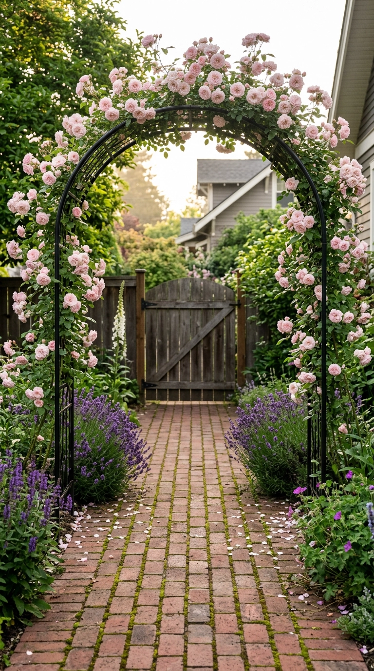 Blush climbing rose trained over a black steel arch above a brick path to a garden gate