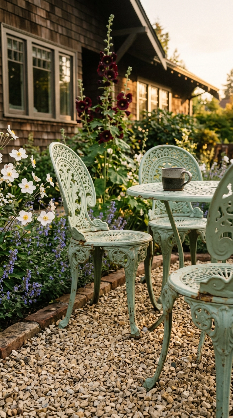 Green cast iron bistro table and chairs on an English garden gravel terrace in golden evening light