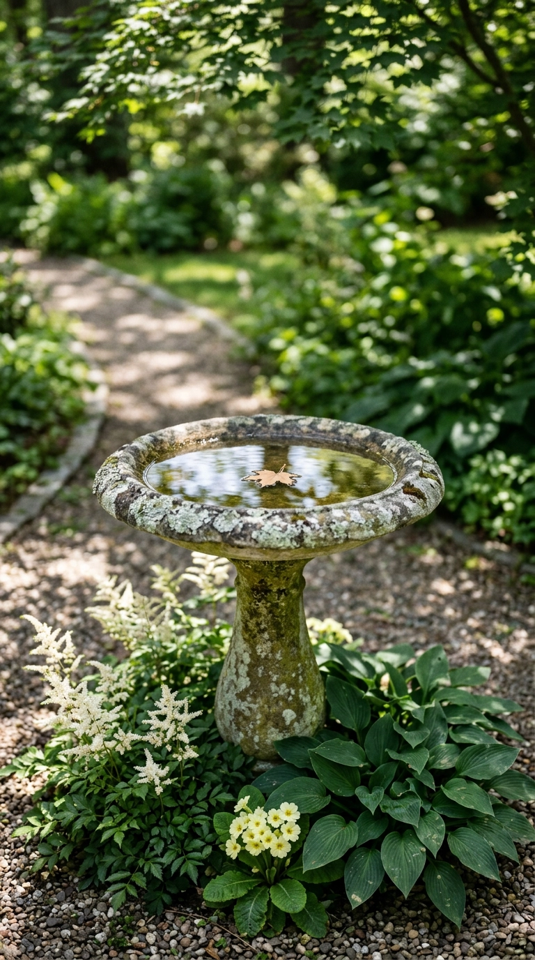 Lichen-covered stone birdbath at a gravel path crossing in a shaded English garden