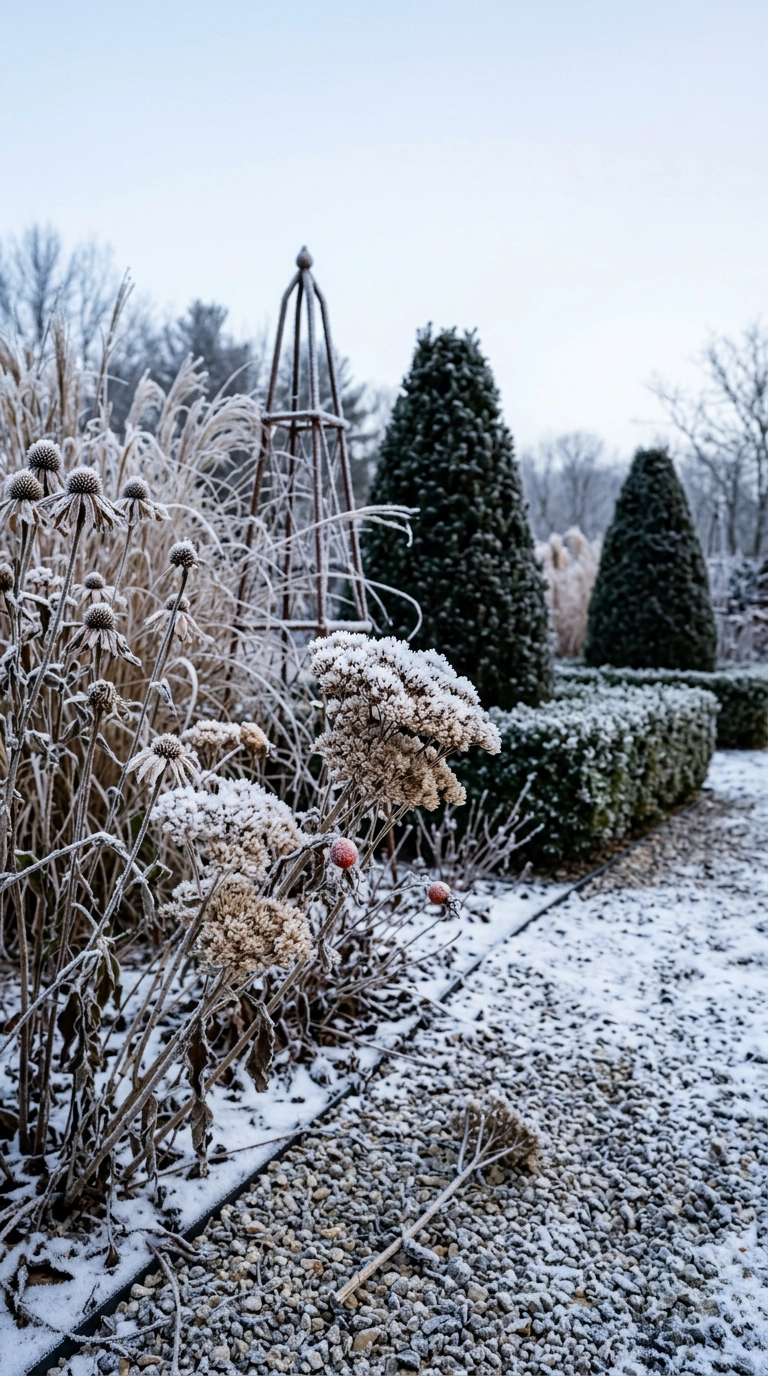 Frosted seedheads and clipped yew cones in a standing winter English garden border