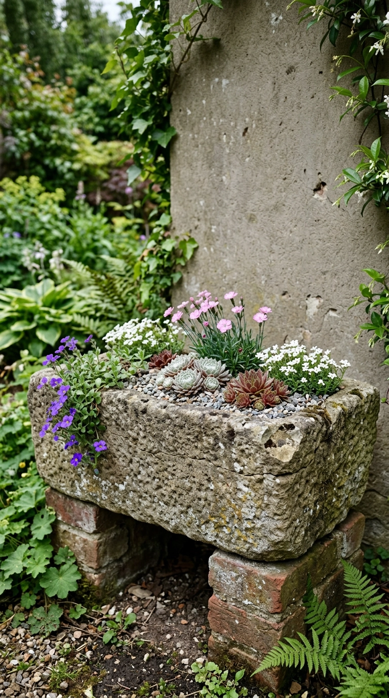 Weathered stone trough planted with dianthus and sempervivum against a grey garden wall