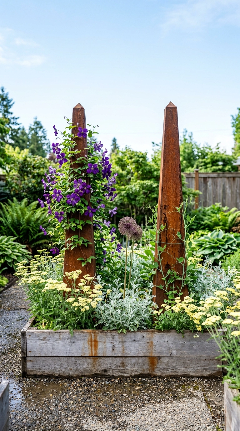 Two rusted steel obelisks with clematis rising from an English garden raised bed on a spring morning