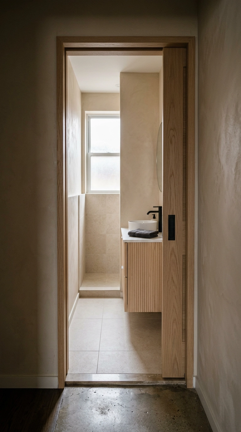 White oak pocket door slid open into the wall of a narrow Japandi ensuite bathroom