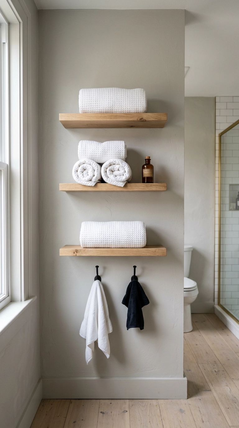 Three slim oak floating shelves holding rolled white towels on a putty-grey ensuite bathroom wall