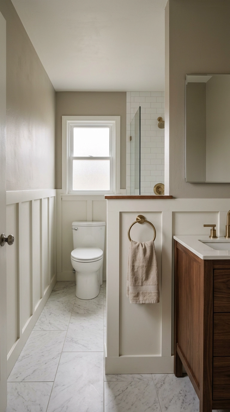 Ensuite bathroom with a low partial privacy wall screening the toilet from the doorway