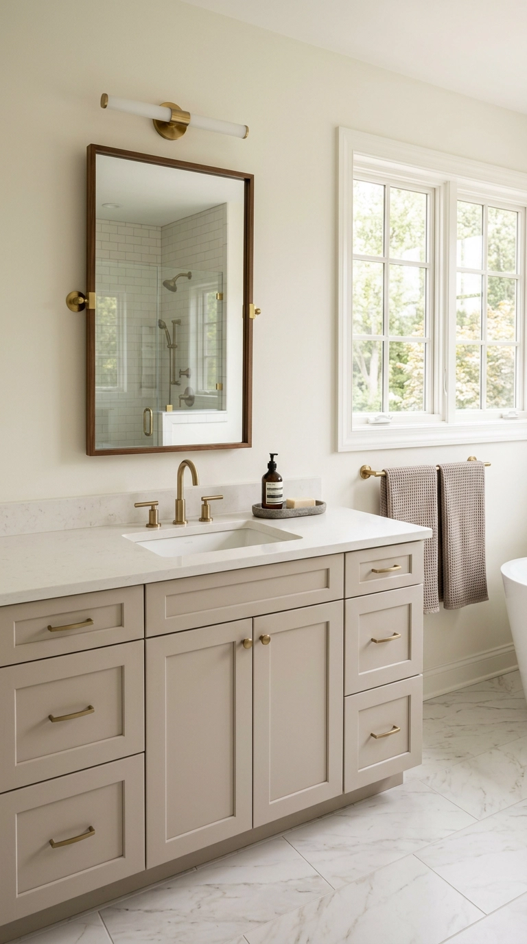 Single-sink ensuite vanity in mushroom shaker cabinetry with a wide stretch of empty quartz counter