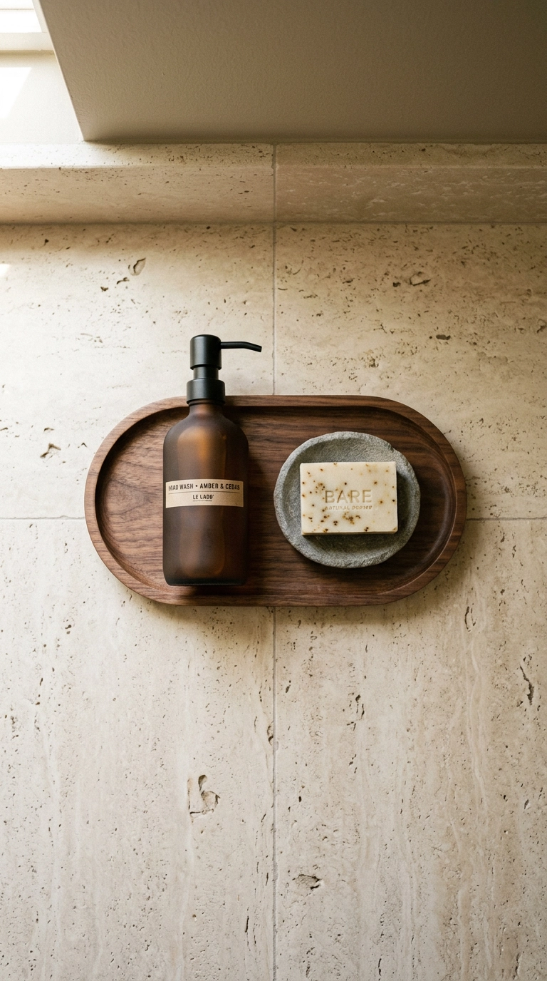 Overhead view of a walnut tray with an amber glass pump bottle and stone soap dish on a travertine counter