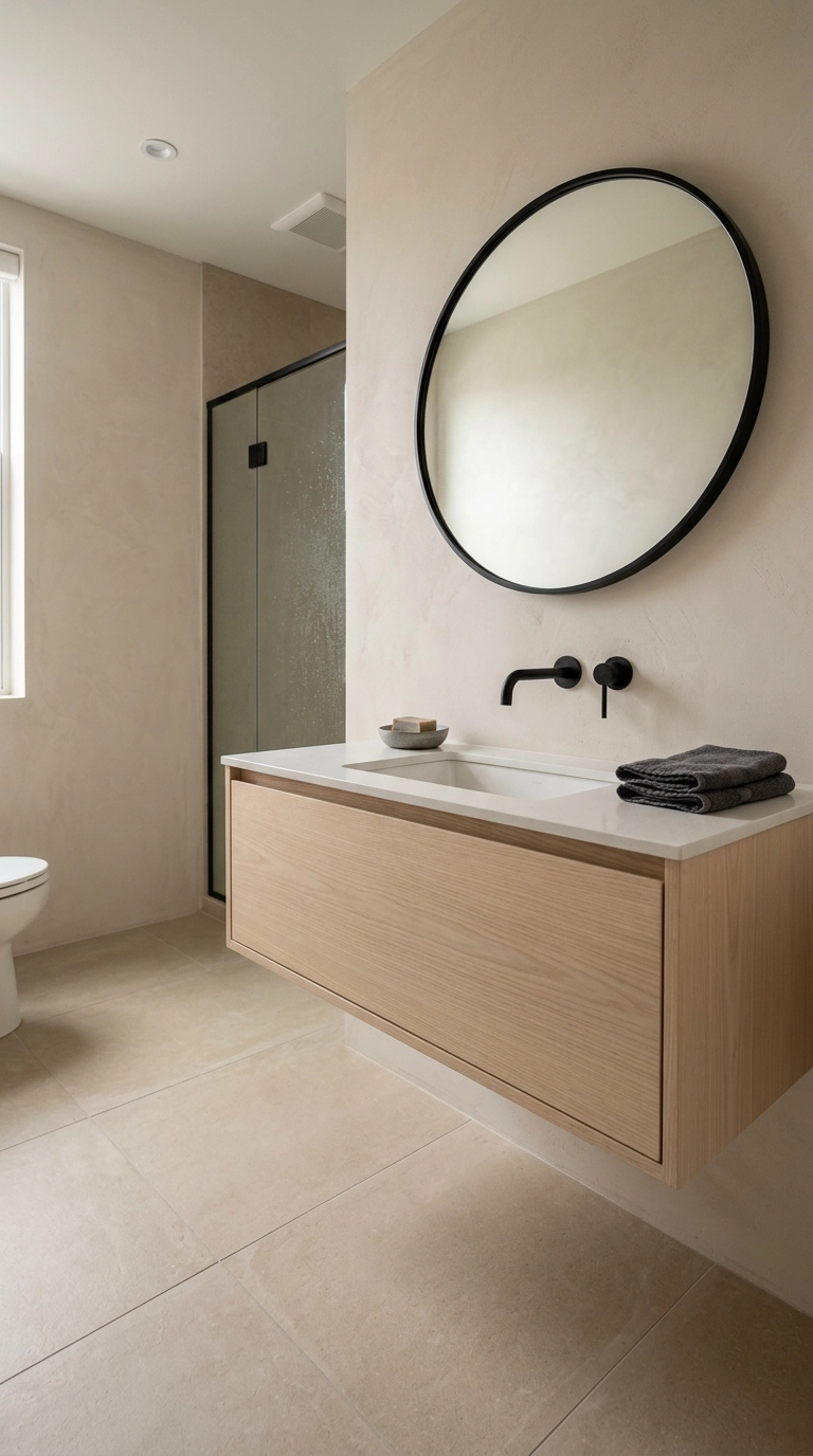Pale ash floating vanity in a Japandi ensuite bathroom with tile visible beneath it