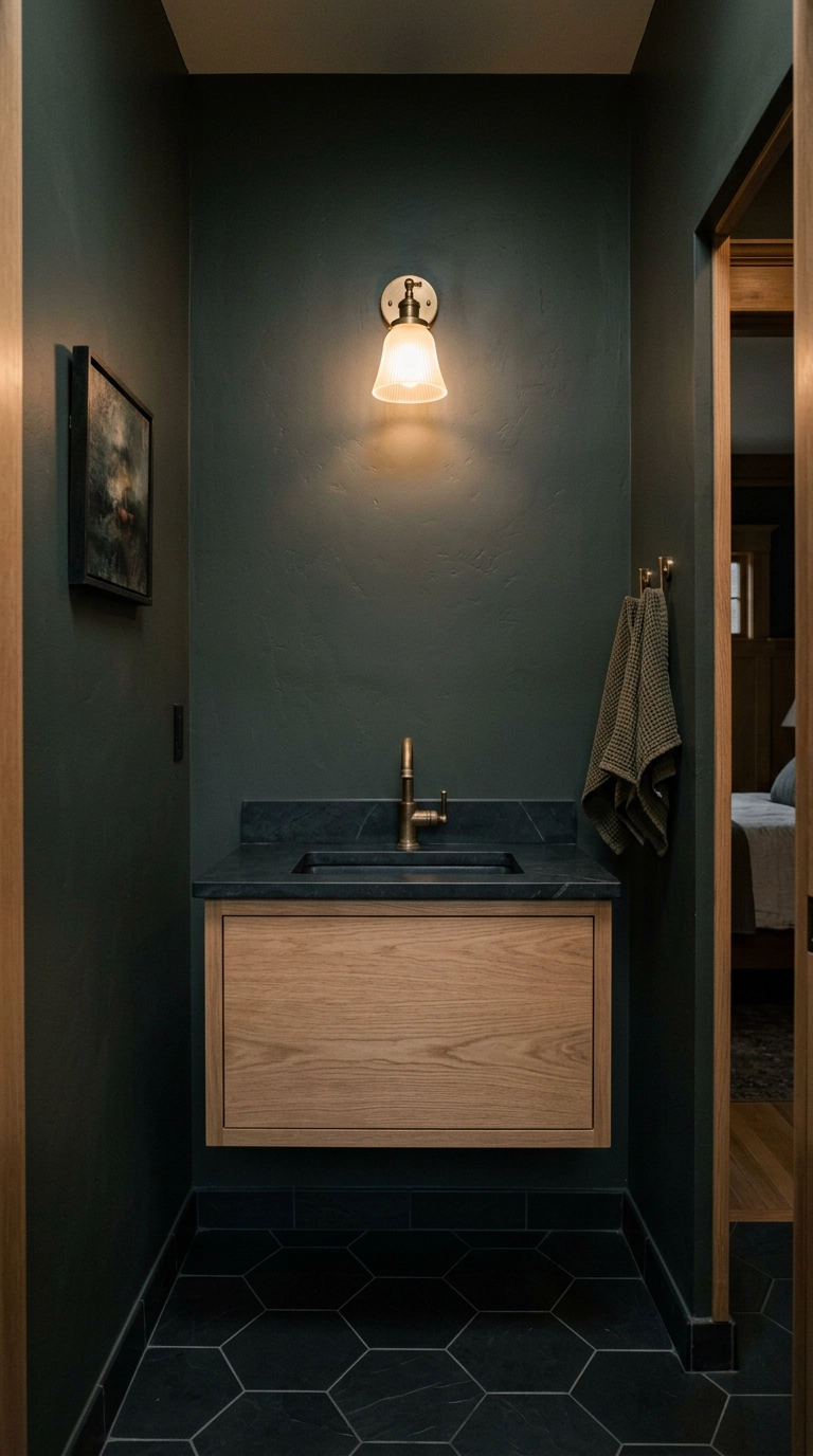 Moody ensuite bathroom with charcoal-green walls, oak floating vanity, and a warm brass sconce