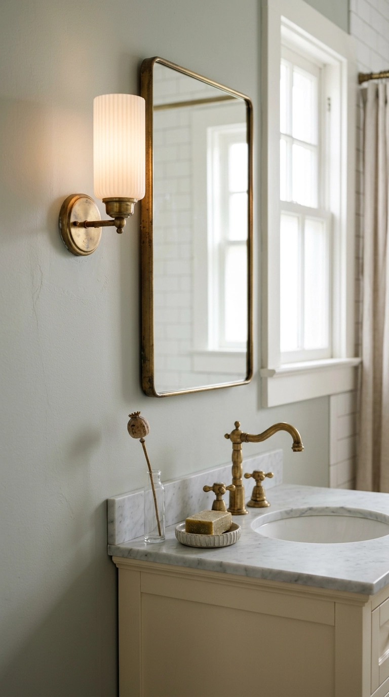 Fluted milk-glass sconce at eye level beside a brass-framed mirror in a sage-grey ensuite bathroom