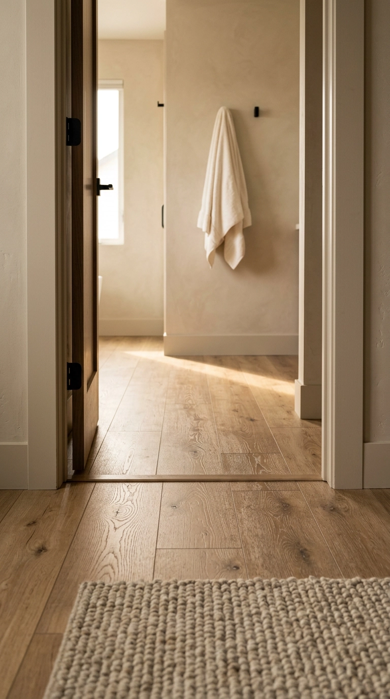 Continuous white oak plank flooring running from a bedroom through an ensuite bathroom doorway