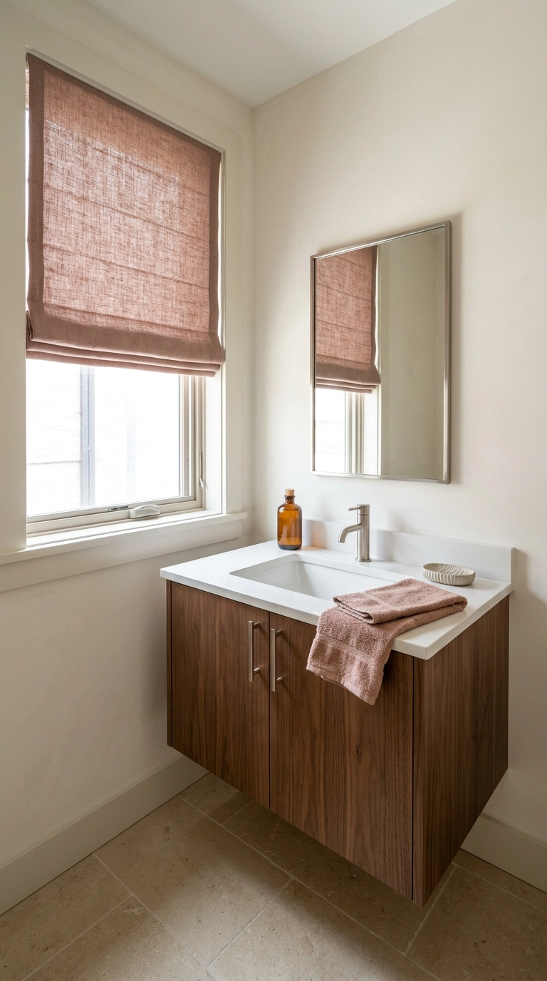 Small ensuite bathroom in bone white with a walnut vanity and clay-rose linen shade