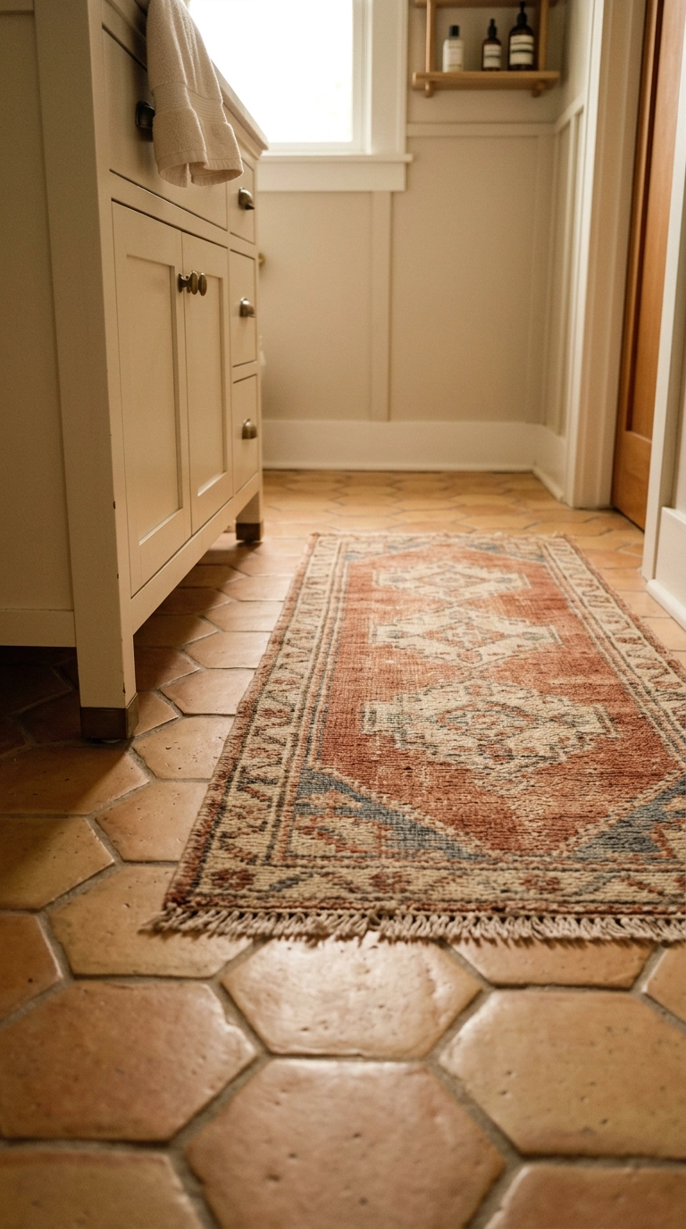 Faded rust and cream flatweave wool runner on honey hexagon tile in an ensuite bathroom