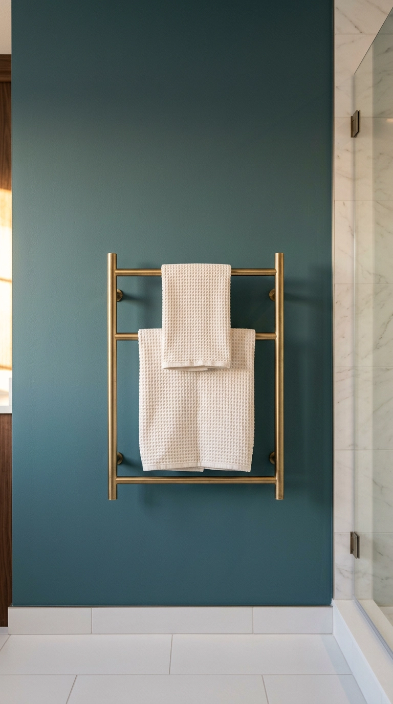 Brushed brass heated towel rail with folded ivory waffle towels on a deep teal ensuite wall