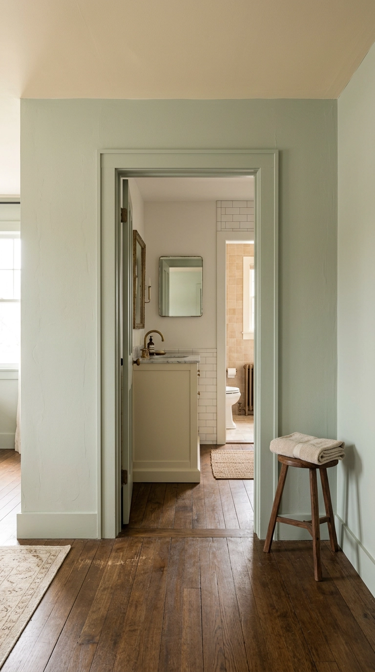 Wide sage-painted door casing framing the view from a bedroom into a cream ensuite bathroom