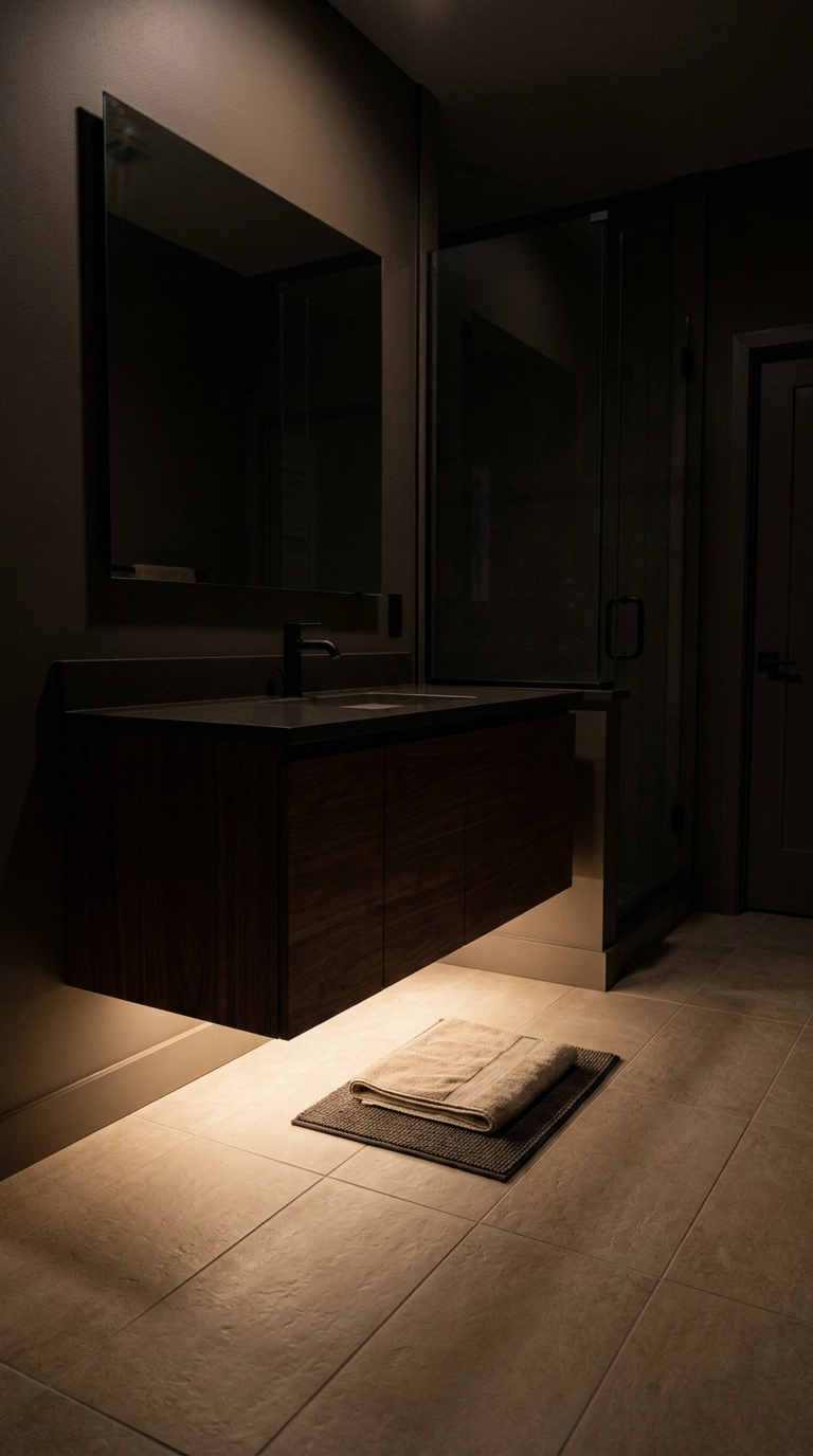 Ensuite bathroom at night lit only by a warm light strip glowing under a floating vanity