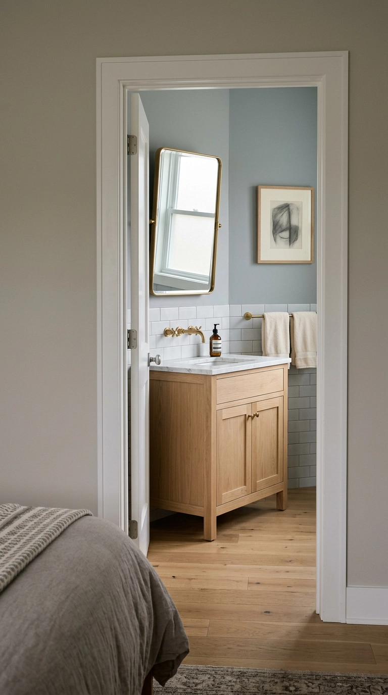 View from a bed through an open door into an ensuite bathroom with a white oak vanity and brass fixtures