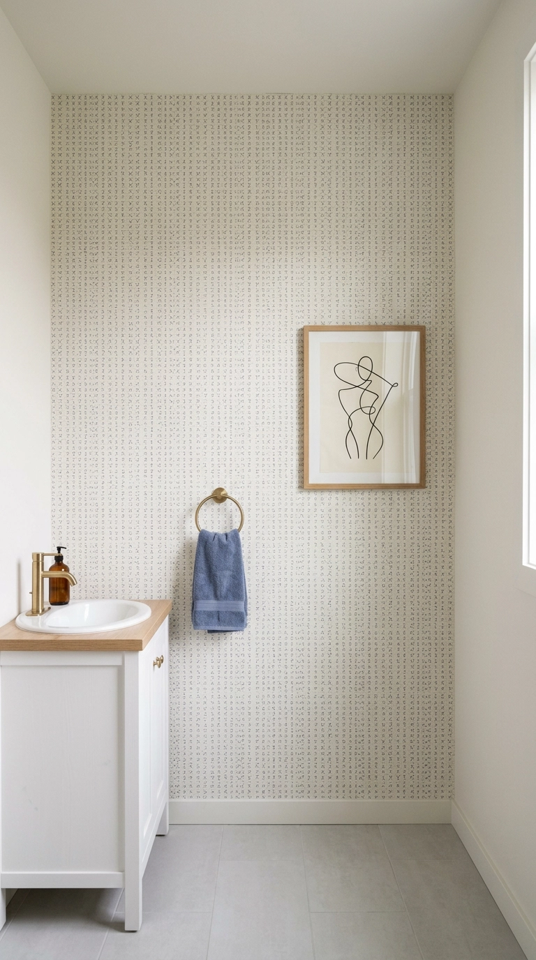 Ensuite bathroom accent wall in ivory and indigo removable geometric wallpaper