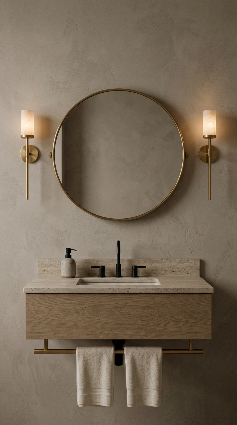 Ensuite vanity wall with two alabaster brass sconces flanking a round mirror on greige limewash walls
