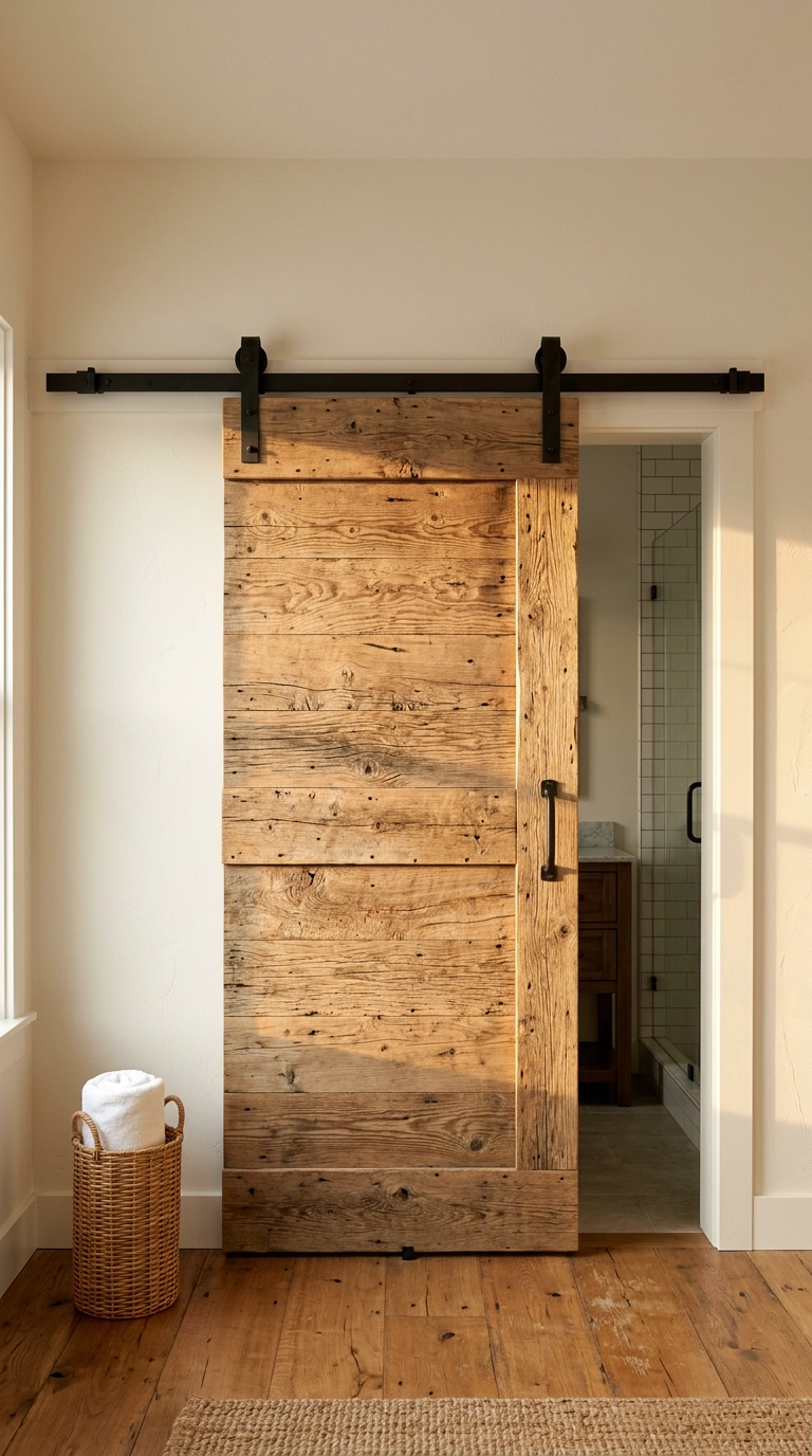 Natural pine sliding barn door on a black track leading into an ensuite bathroom