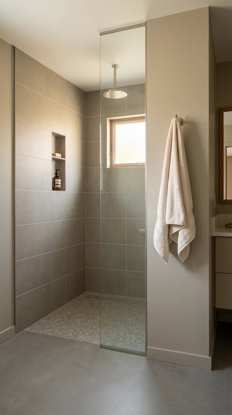 Curbless walk-in shower with a single glass panel in a compact greige ensuite bathroom