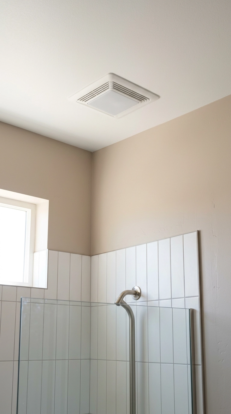 Low-profile flush ceiling exhaust fan in an ensuite bathroom above white stacked subway tile