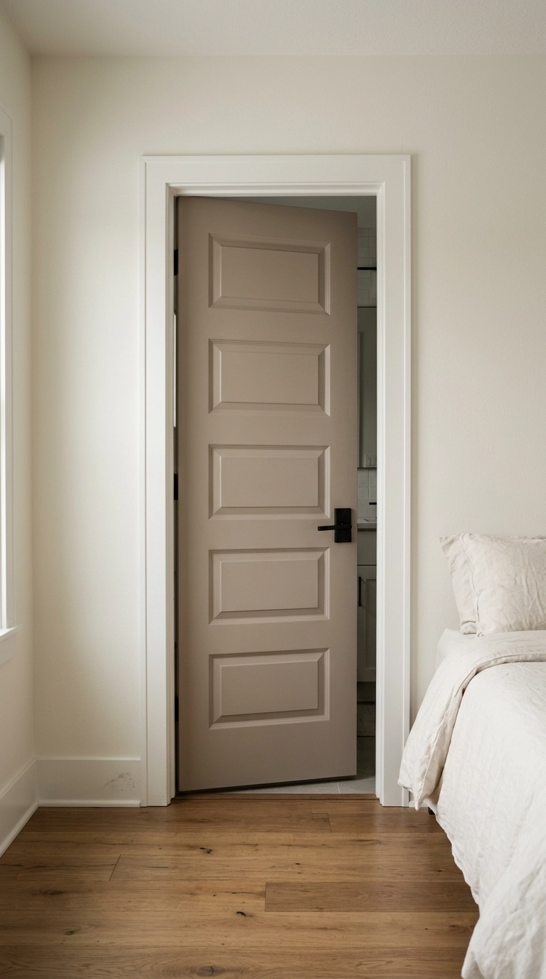 Solid painted five-panel ensuite bathroom door ajar in a bedroom with taupe and off-white walls