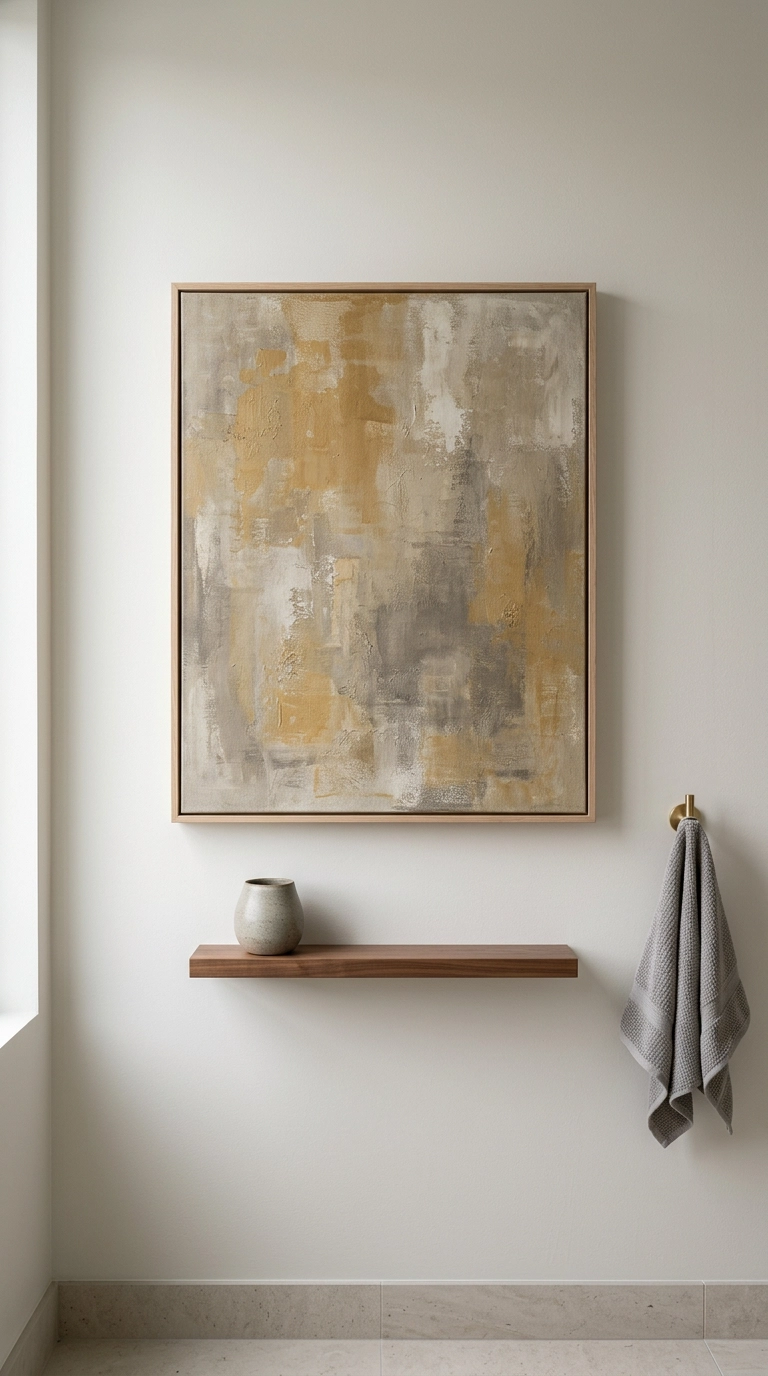 Large abstract ochre and grey artwork in an oak frame on a bone-white ensuite bathroom wall