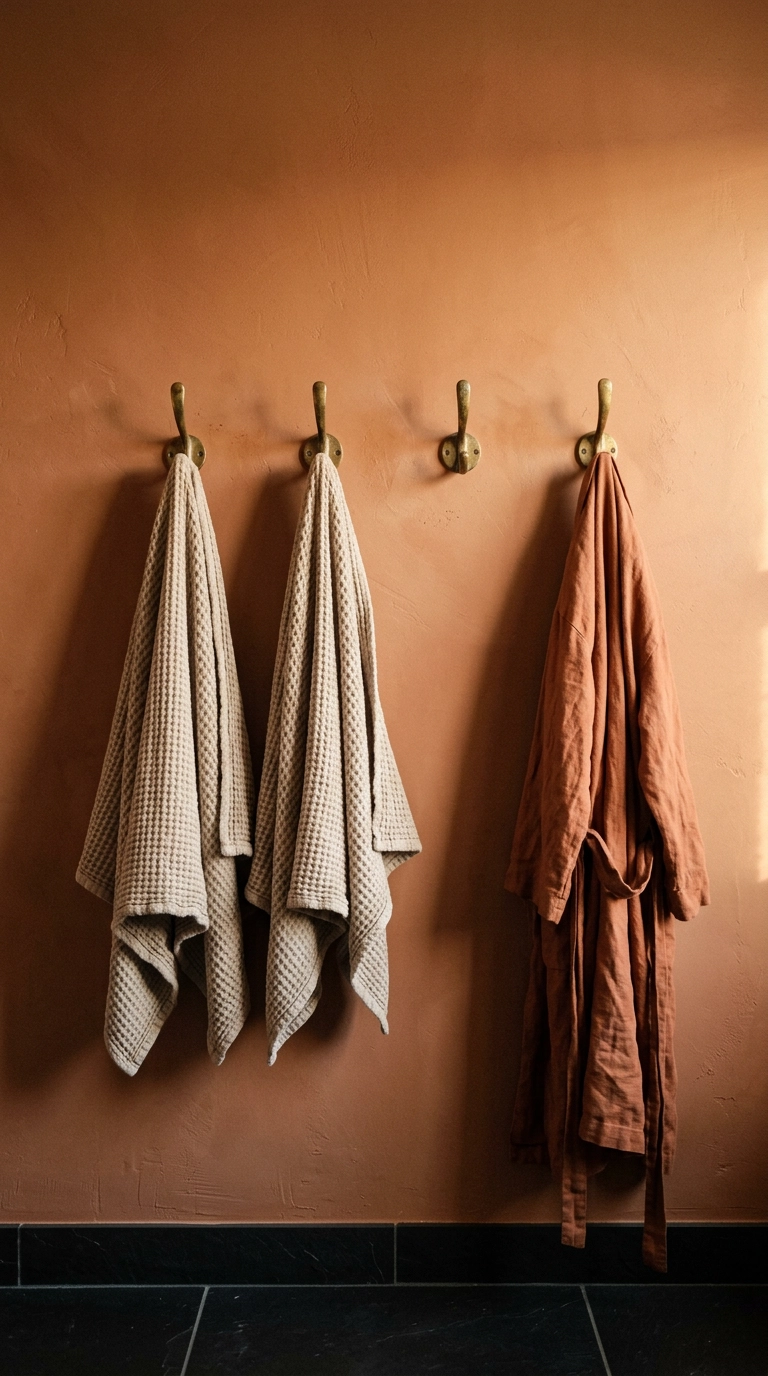 Row of aged brass hooks holding oatmeal waffle towels on a terracotta-clay ensuite wall