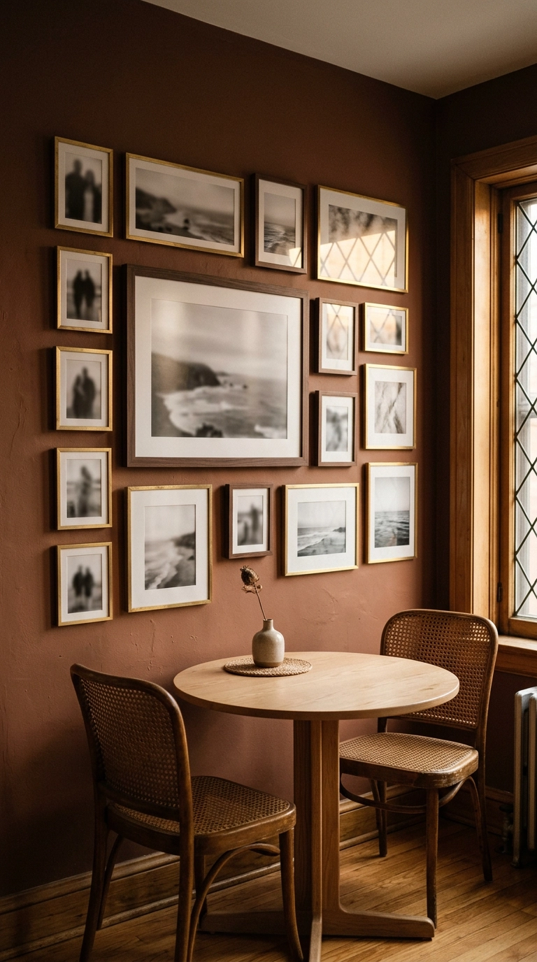 Dense salon style family picture wall of mixed gold and walnut frames on a clay colored dining nook wall