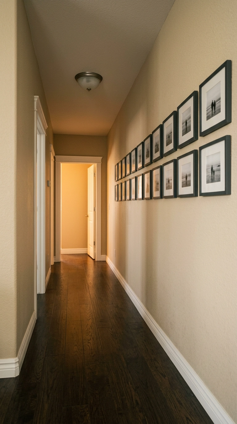 Twenty small charcoal frames in two level rows running down a long oatmeal hallway