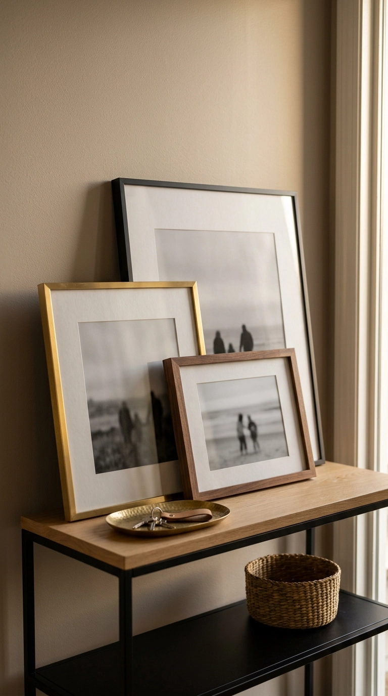 Three overlapping family photo frames leaning on an oak and black metal entryway console